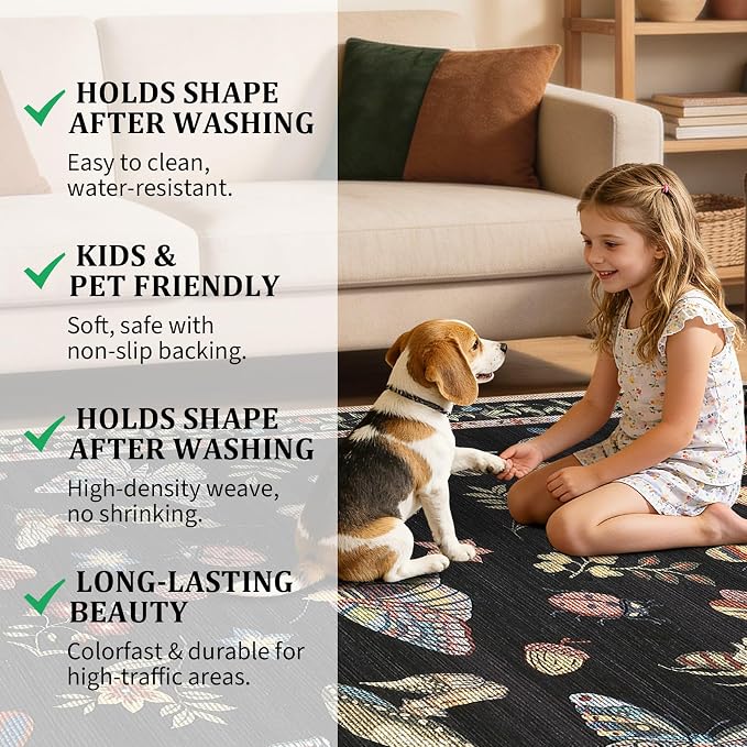 ROYHOME Mushroom Insect Washable 2x3 Rug for Entryway Door Mat Black | Kitchen Bathroom Bedroom Small Bug Moth Cute Funky Cottage Core Whimsical Boy Rugs Low-Pile Non-Slip TPE Backing