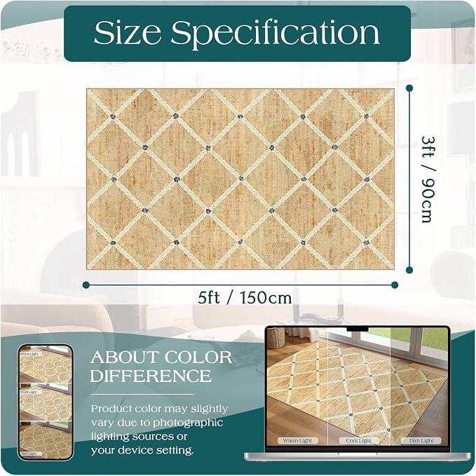 Cottage Trellis 3x5 Entryway Rug Indoor Outdoor Mats for Front Door | Washable Non-Slip Porch Rug Farmhouse Woven-Look Throw Rugs for Entryway Bedroom Office Kitchen Mat for Floor Porch Decor
