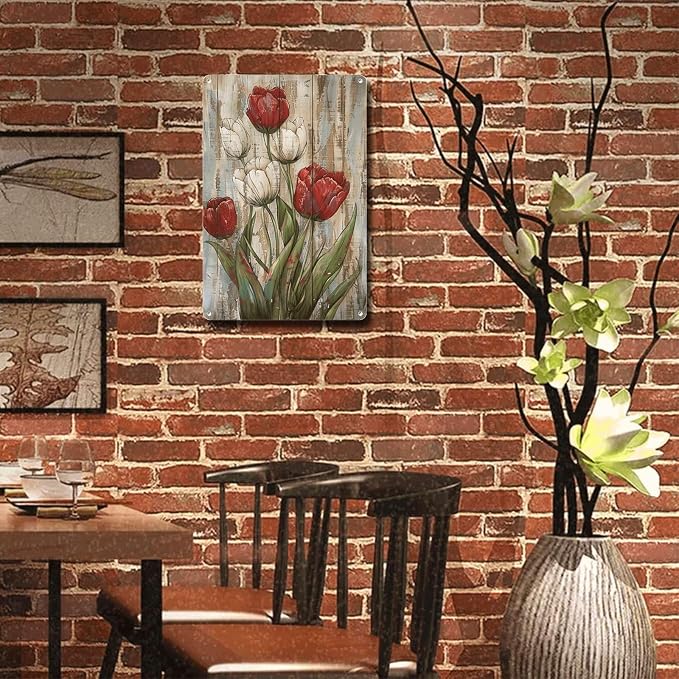 Metal Sign Tin Sign Vintage Wall Art Rustic Charm Tulips Tin Sign for Easy Installation Weather Resistant Design and Vintage Aesthetic Garden Tin Signs for Restaurant 12×16 Inches