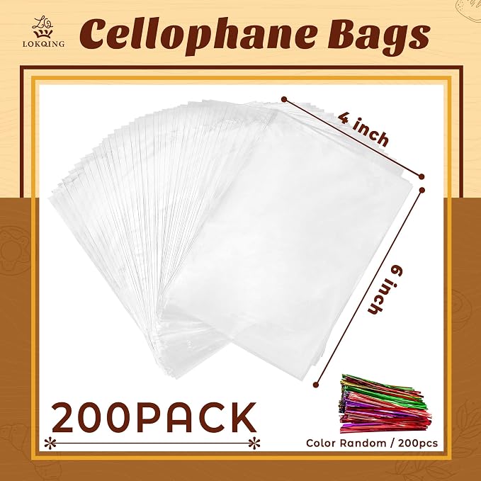 LOKQING Cellophane Bags Plastic Treat Bag Clear Cookie Candy Bags with Twist Ties for Party Favor Bag, Graduation Gift Bags(200PACK, 4x6inch)