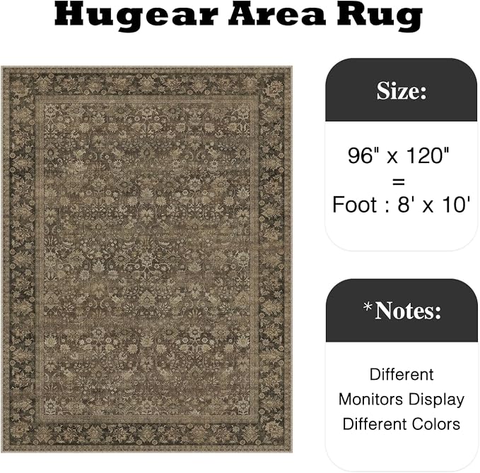 HUGEAR 8x10 Indoor/Outdoor Rug Brown Linen-Look Fabric Vintage Area Rug High Traffic Stain Resistant Easy Clean Durable Rugs for Living Kitchen Patio Deck Balcony Porch Garden Courtyard