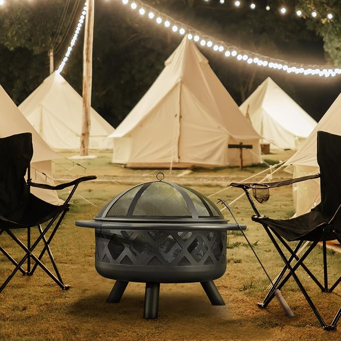 Teamson Home Round Steel Outdoor Fire Pit Outside Wood Burning Firepit Bonfire with Firebowl, Poker, Mesh Screen for Patio Garden Backyard BBQ, 30 Inch, Black | Wood Burning, Includes Firebowl, Poker, Mesh Screen, For Patio Garden Backyard BBQ
