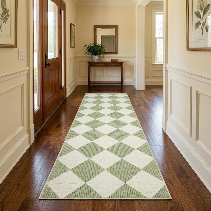 GarveeHome Checkered Long Hallway Runner Rug 2.5x10 Sage Green Kitchen Rug | Non Slip Soft Diamond Print Entryway Rug Thin Laundry Mat Stain Resistant Carpet for Bedroom Bathroom Beside