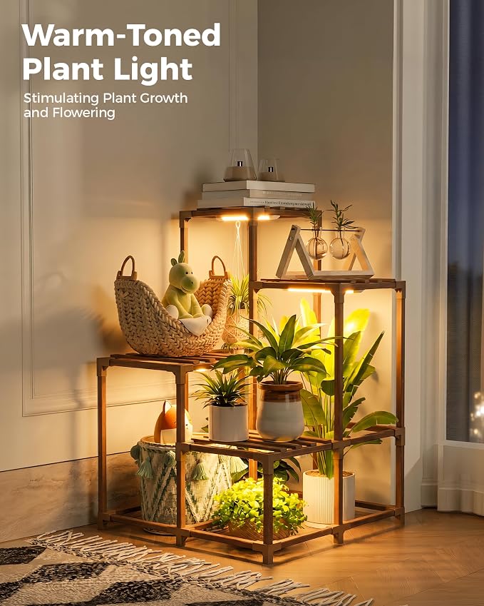 Bamworld 4-Pot Plant Stand with Grow Light Indoor Outdoor Corner Shelf Plant Holder Flower Stand Wood Plant Rack Indoor Multiple Plants Patio Balcony Garden Living room