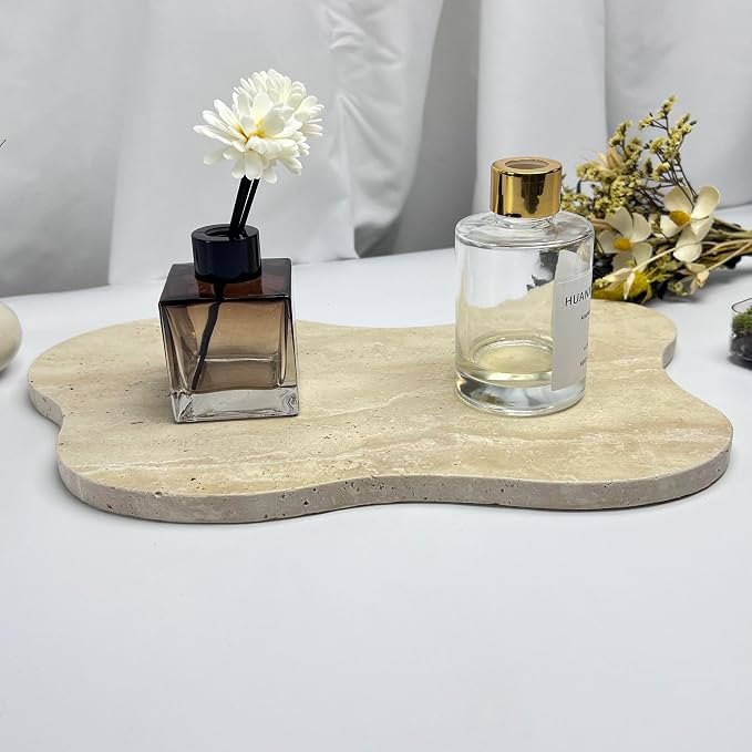 Cloud Shaped Travertine Vanity Tray, 13.3 x 8.3 Inch Natural Stone Decorative Catchall Tray for Bathroom Countertop, Beige Marble Jewelry Dish Perfume Tray for Coffee Table Dresser Nightstand