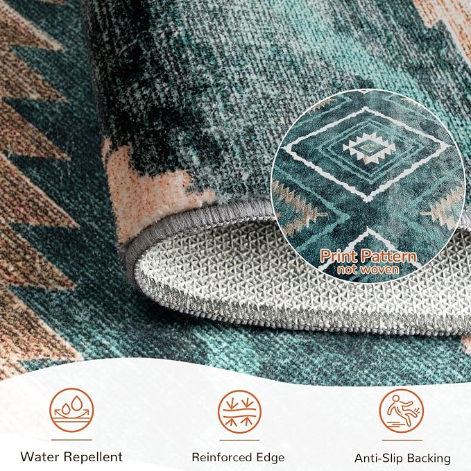 2'x6' Washable Area Rug for Living Room Runner Teal/Green | Soft Western No Slip Low Pile Print Foldable Indoor Small Rug for Kitchen entrance entryway hallway