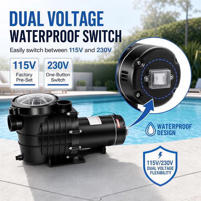 TOPWAY 2HP 110V/230V Dual Voltage Swimming Pool Pump 114GPM Filter Garden lnground and Above Ground Pools Water Pump