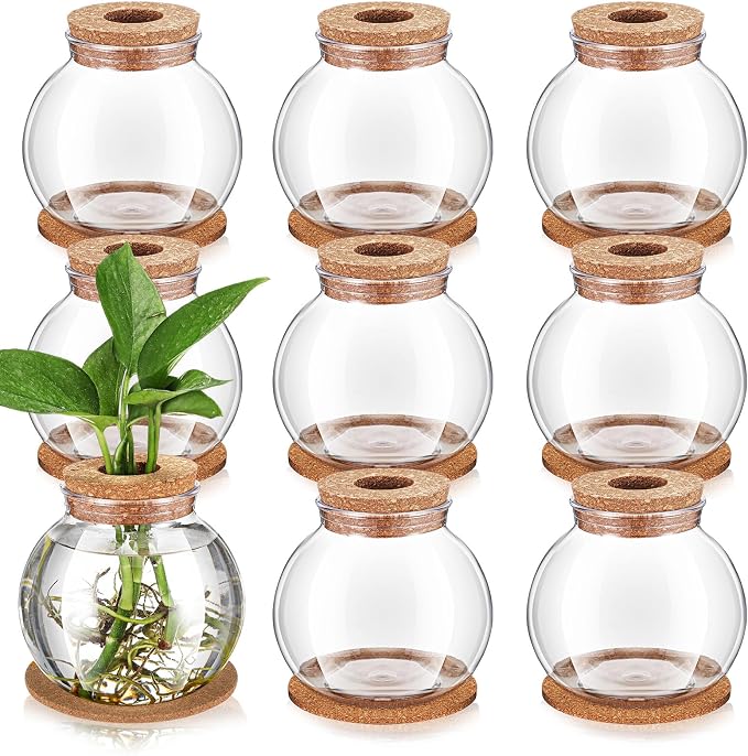 Baderke 9 Packs Propagation Vases for Plants Plastic Plant Propagation Station with Hole Lid and Cork Coasters Plant Growing in Water Hydroponic Home Office Table Decoration(Fish Bowl Style)