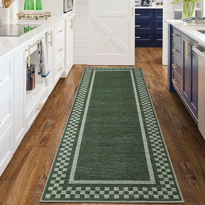 GarveeHome Kitchen Runner Rug Washable Runner Rug 2x6 for Hallway Bedroom | Non Slip Soft Throw Carpet Modern Bordered Bathroom Mat Low Pile Checkered Runner Rugs for Living Room Entry, Green