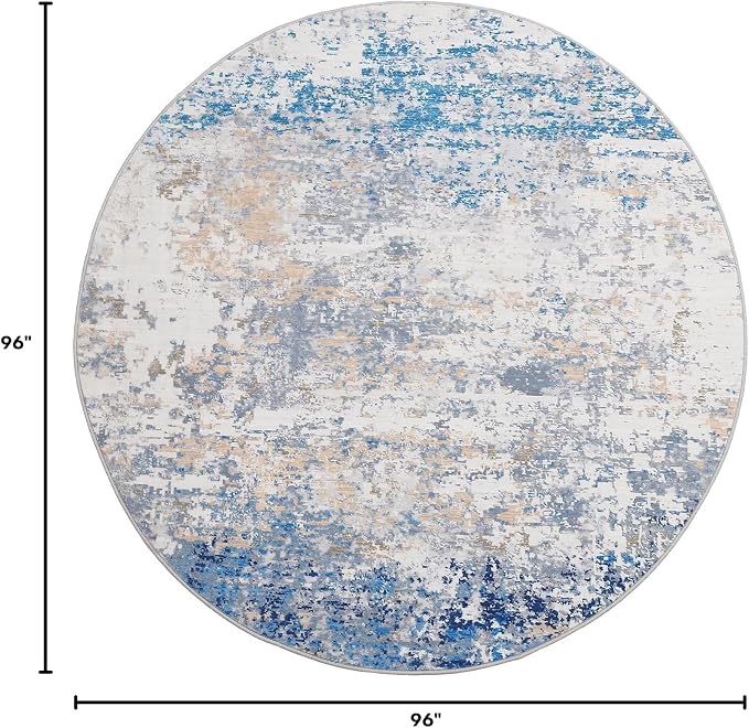 ROYHOME Modern Abstract 8x8 Round Area Rug Non Slip, Blue/Grey | Non Shedding Rug Low Pile Stain Resistant for Bedroom Living Room office Dining Room