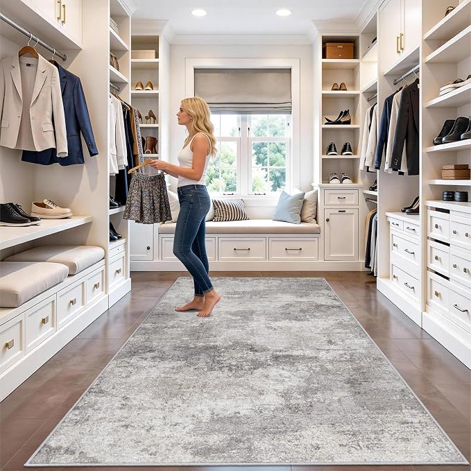 Modern Abstract Wide Hallway Runner:4x8 Grey Rug | Living Room, Bedroom ,Laundry Room - Washable Non-Slip Soft Thin Carpet - Easy-to-Clean Low Pile Floor Mat for Home Decor