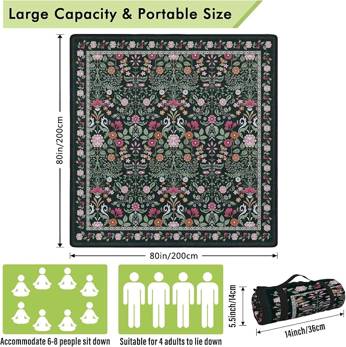 Floral Picnic Blankets Waterproof Foldable, 80″X80″ Extra Large Picnic Mat Boho Outdoor Blanket for Grass, Dark Packable Beach Blanket Sandproof Picnic Accessories for Camping Music Festival Park Lawn