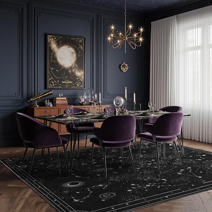 Nayoroom Celestial Starry Night Black Area Rug, Machine Washable, 8 x 10 ft | Moon phases and star motifs; Gothic black palette; Soft surface; Machine washable; Non-slip backing; Bedroom or living room