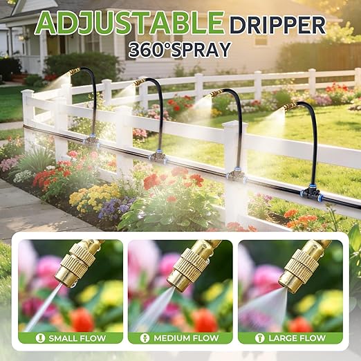 HIRALIY 165FT Garden Watering System with 28 360° Adjustable Copper Mist Nozzles, Quick-Connect Drip Irrigation Kit for Large Raised Beds, Greenhouse Sections and Flower Beds