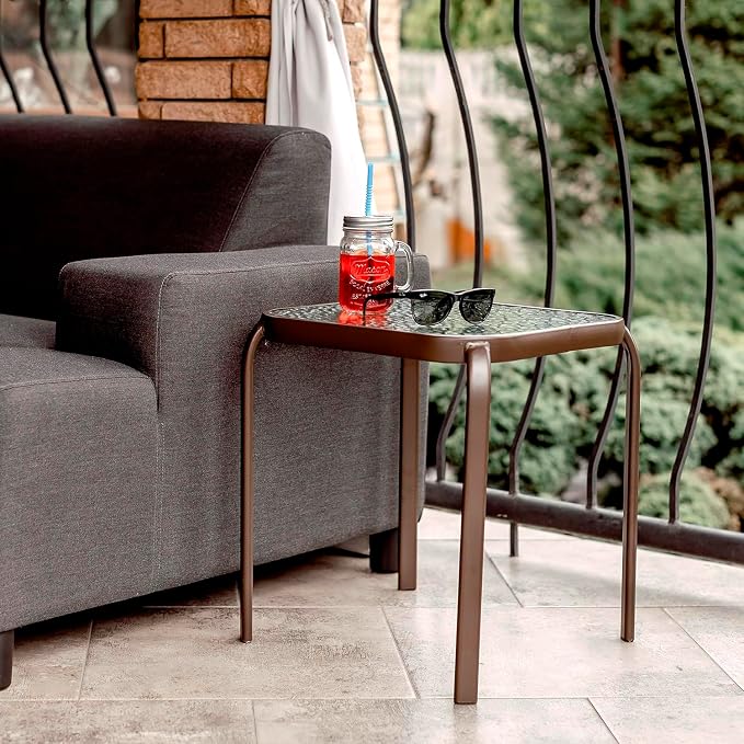 Bronze Metal Outdoor Side Table with Tempered Glass Top – Elegant Small 16" Square Patio Table – Durable Weather-Resistant Coffee Bistro Accent End Table for Outside and Garden