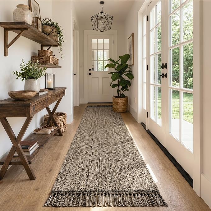 Rug Runners for Hallways, Boho Washable Kitchen Runner Rugs | 2.6' x 10' Farmhouse Indoor Entry Hall Carpet, Natural/Black Modern Hand Woven Bathroom Runner Rug for Entrance Porch Decor