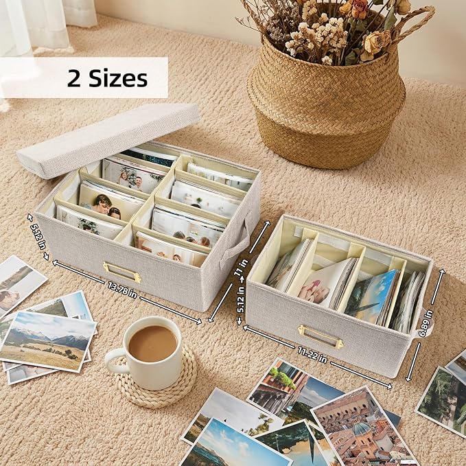 Linen Photo Storage Box with Adjustable Hook and Loop Dividers, Holds 850 4"x6" Photos, Collapsible Picture Organizer with Handle and Label Stickers, Memory Keepsake Box for Women, Beige
