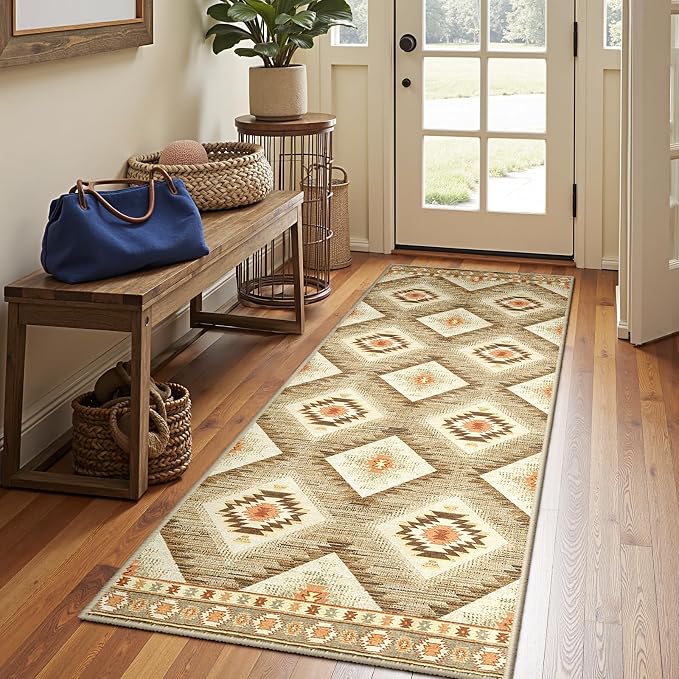 2'x10' Washable Area Rug for Living Room Runner Cream/Camel | Soft Western No Slip Low Pile Print Foldable Indoor Small Rug for Kitchen entrance entryway hallway