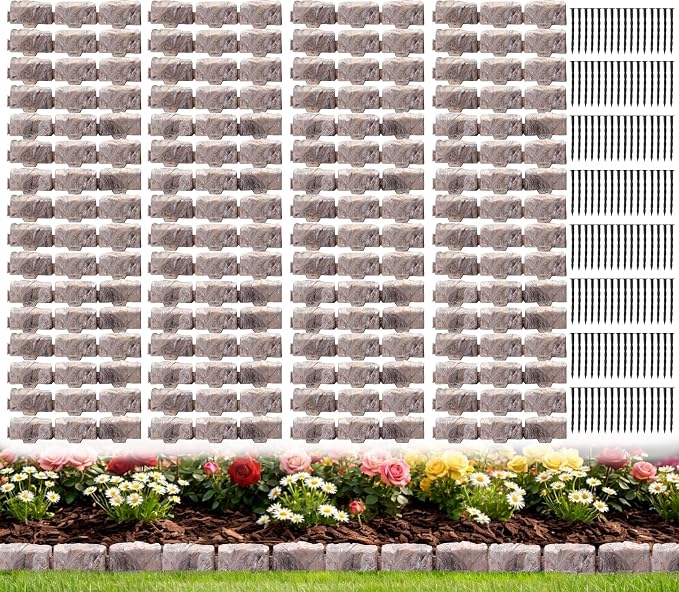 Landscape Edging Garden Edging Border Faux Stone Edging,91FT x 2.75 in Tall Decorative Stone-Look Garden Border for Flower Bed Edging,Yard Edging,Lawn Trees and Gardens,with Anchoring Spikes,Brown