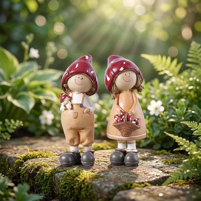 2-Piece Mushroom Decor Fairy Garden Accessories Outdoor Resin Cute Boy and Girl Figurines Whimsical Garden Statues Miniature Fairy Garden Supplies for Patio Yard Lawn Home