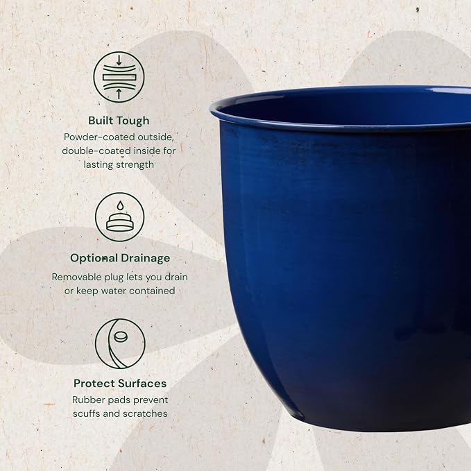 Bloem Canyon 12" Indoor Metal Cachepot - Glossy Decorative Planter with Powder-Coated Finish, Removable Drain Plug, Cobalt