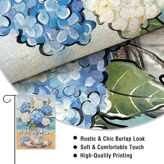Artofy Welcome Spring Summer Flower Small Decorative Garden Flag, Hydrangea Floral Mason Jar Beach Coastal Yard Lawn Outside Decor, Nautical Conch Starfish Outdoor Home Decoration Double Sided 12 x 18