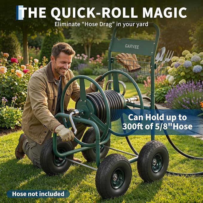 Garvee Garden Hose Reel Cart with Wheels, Hold Up to 300 ft of 5/8’’ Hose, Heavy Duty Water Hose Reel with Storage Basket, 4 Large Pneumatic Tires, Mobile Outdoor Hose Storage for Garden, Yard, Farm