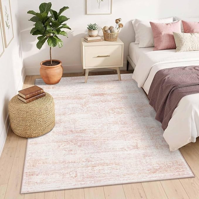 Latte&Fog Pink 4x6 Area Rug for Entryway, Vintage Washable Cute Small Rugs | for Girls Bedroom Dining Kitchen Kids Playroom Nursery Classroom Dorm Farmhouse Office, Non Slip Low Pile Soft Floral Carpet