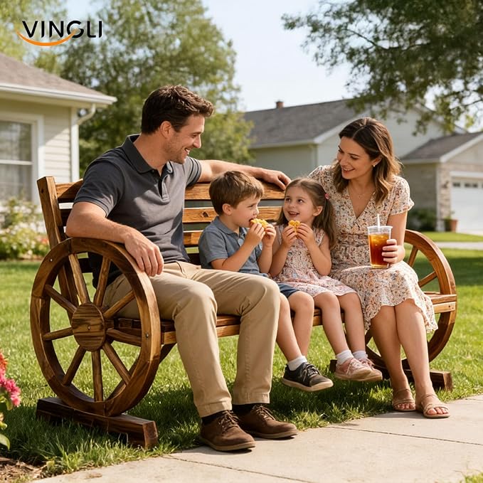 VINGLI Rustic Wooden Wheel Bench Outdoor Bench, Patio Bench Wagon Slatted Seat, Garden Benches for Outdoors 350lbs High Capacity, Weather Resistance (Teak, 55in)