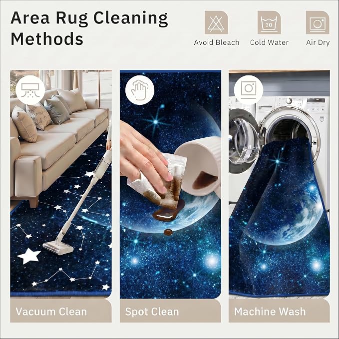 9CH Galaxy Rug for Kids Bedroom, Dark Blue Space Rug with Starry Sky Design, Soft Washable Celestial Moon Carpet for Boys Girls Playroom Living Room 5' X 7'