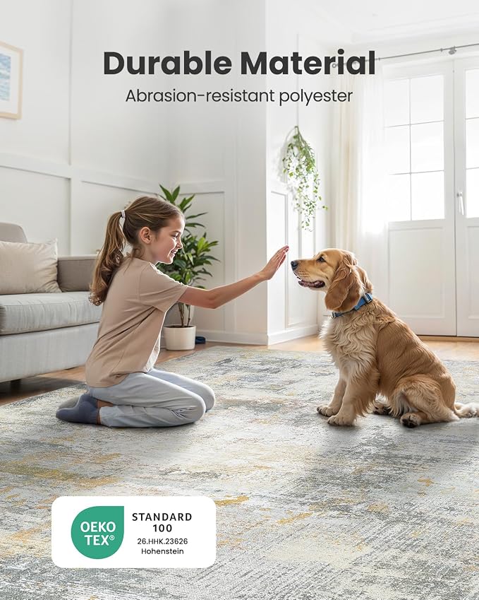 6x9 Area Rugs for Living Room, Modern Abstract Washable Rug with Non-Slip Backing & Low Pile Indoor Carpet for Nursery Room, Bedroom and Dinning Room, Beige