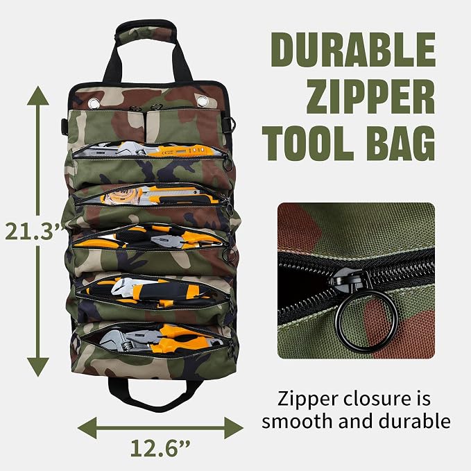 Portable Foldable Roll Up Tool Bag, Heavy Duty Tool Organizer Bag with 5 Compartments & 2 Detachable Pouches for Tools Storage, Waterproof Tool Roll Bag for Dad Men Electrician Gifts