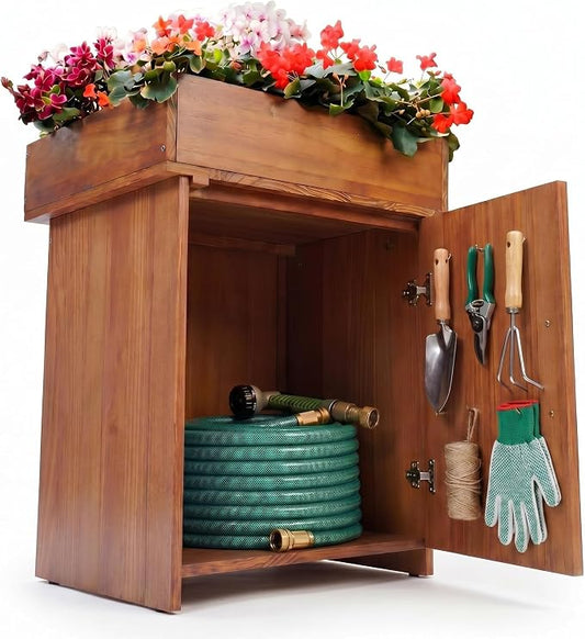 AceOrbit 2 in 1 Wood Hidden Hose Storage with Planter Box, Outdoor Decorative Flower Box with Storage Cabinet Holds up to 200 Feet of 5/8 Inch Hose for Patio, Porch & Garden Space-saving Decor