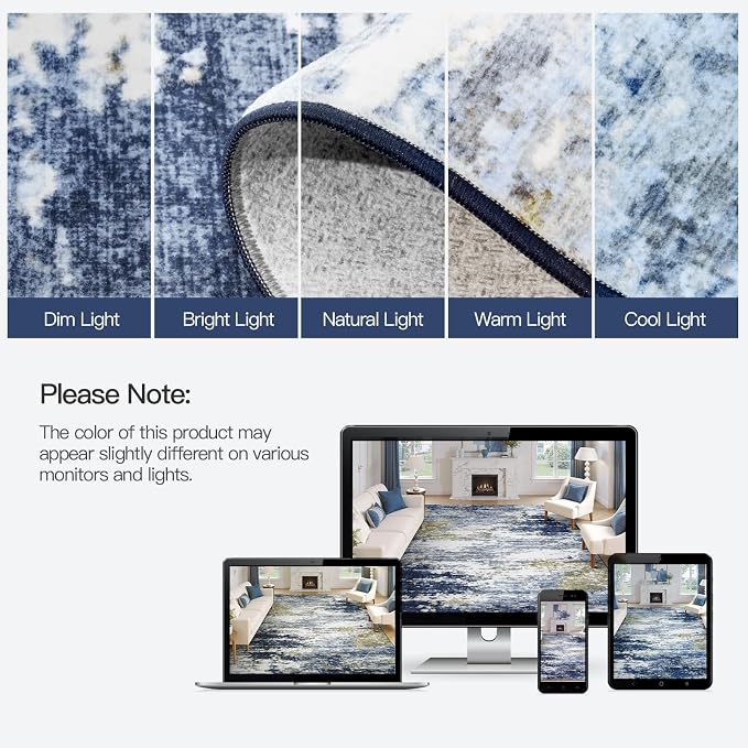5x7 Area Rug for Living Room, Abstract Washable Non-Slip Rugs, Dark Blue | Neutral Carpet for Bedroom, Dining Room, Home Office, Nursery,Indoor, Stain Resistant, Low Pile, Non-Shedding Modern Rug