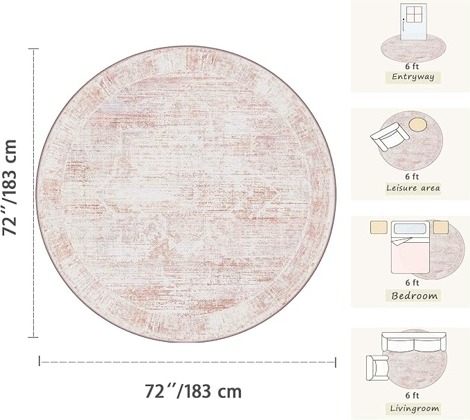Latte&Fog 6ft Pink Round Area Rug for Girl Bedroom Washable Cute Circle Rug | Non Slip Low Pile Soft Floral Indoor Carpet for Living Room Kids Playroom Nursery Classroom Dorm Decor Dining Kitchen Office