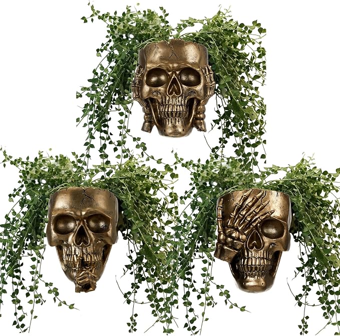 3 Pcs Skull Planter Skeleton Wall Hanging Planter Pot Gothic Spooky Head Face Flower Pot Garden Decor for Festival Party Indoor Outdoor Plants Home Garden Office Decorations(Gold)