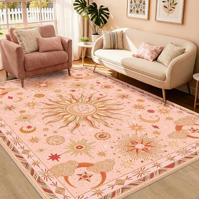 Vacuum-Friendly, 5x7 Washable Area Rug, Pink Gold Beige Red | Sun and Moon Boho Gothic Non-Slip Low Pile Living Roon Bedroom Dining Room Kitchen Entry Entryway Entrance Hallway Doormat