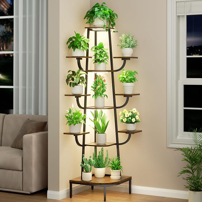 LATIBELL Corner Plant Stand Indoor with Grow Light, 72'' Tall Plant Shelf for Indoor Plants, 8 Tiered Metal Tree-Shaped Display Capable of Holding Large Pots for Home, Patio and Balcony, Black