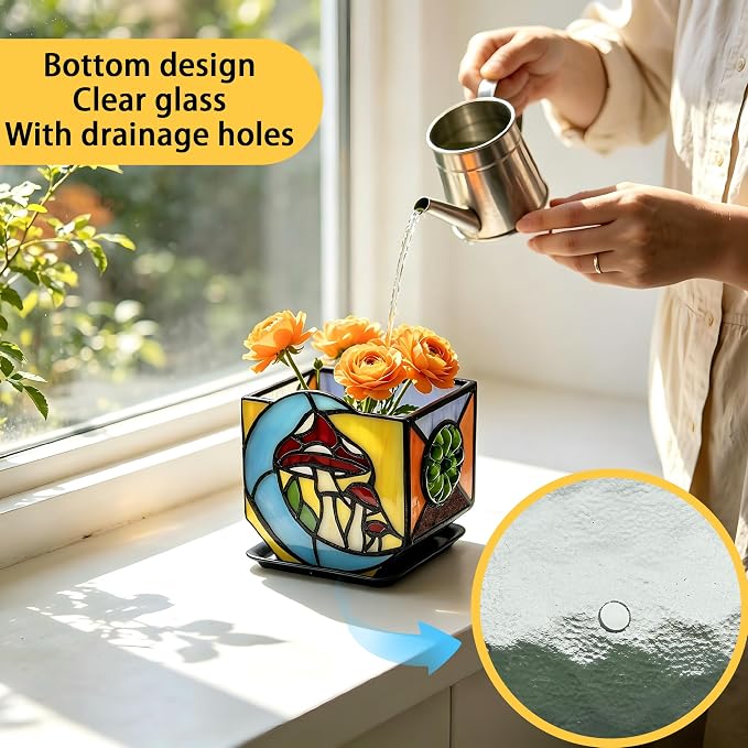 Stained Glass Moon Mushroom Planter, Indoor Decorative Plant Pot with Drainage, Mushroom gifts4.6x3x5.15 Inches