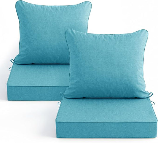 Summsun Faux Linen Outdoor Chair Cushions, Water Resistant Backrest and Seat Cushion Set with Removable Cover, Straps, Non-Slip Bottom for Patio Furniture, 19 x 19 Inch, Teal, Set of 2