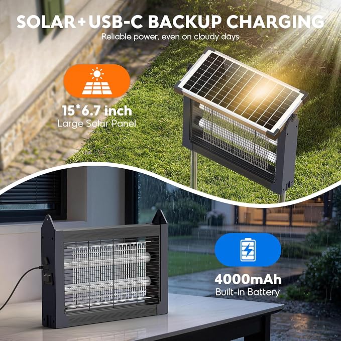Solar Bug Zapper Outdoor, Mosquito Zapper 4500V Cordless Waterproof, Auto On/Off, Portable Type-C & Solar Powered Bug Zapper, Electric Mosquito Trap Fly Zapper Killer for Patio Garage Yard Camping