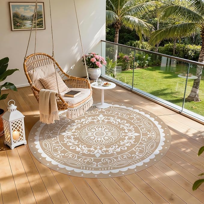 Pauwer Waterproof Outdoor Rug 8ft, Reversible Plastic Straw Patio Camping Rug, Indoor Outdoor RV Mat Carpet for Deck, Camper, Porch, Balcony, Backyard, Picnic, Paisley Brown
