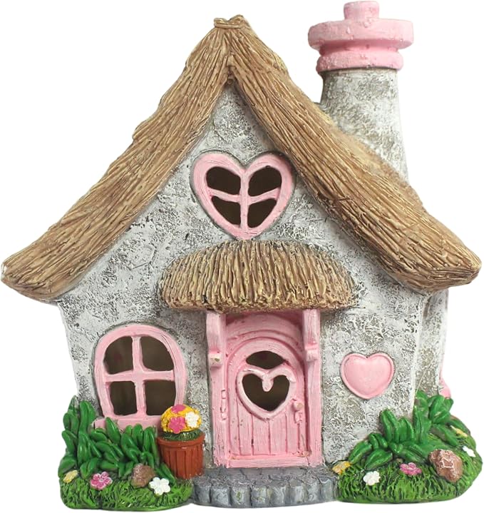 PRETMANNS Fairy House for Outside with Solar Powered LED Lights for Garden - Fairy Garden Houses for Outdoor - Miniature Accessories for Cottage Decor for Village - 7.56” High, Pink