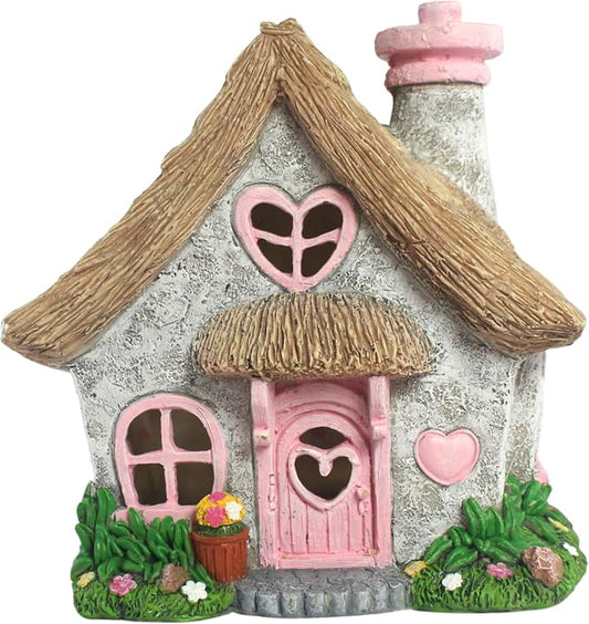 PRETMANNS Fairy House for Outside with Solar Powered LED Lights for Garden - Fairy Garden Houses for Outdoor - Miniature Accessories for Cottage Decor for Village - 7.56” High, Pink