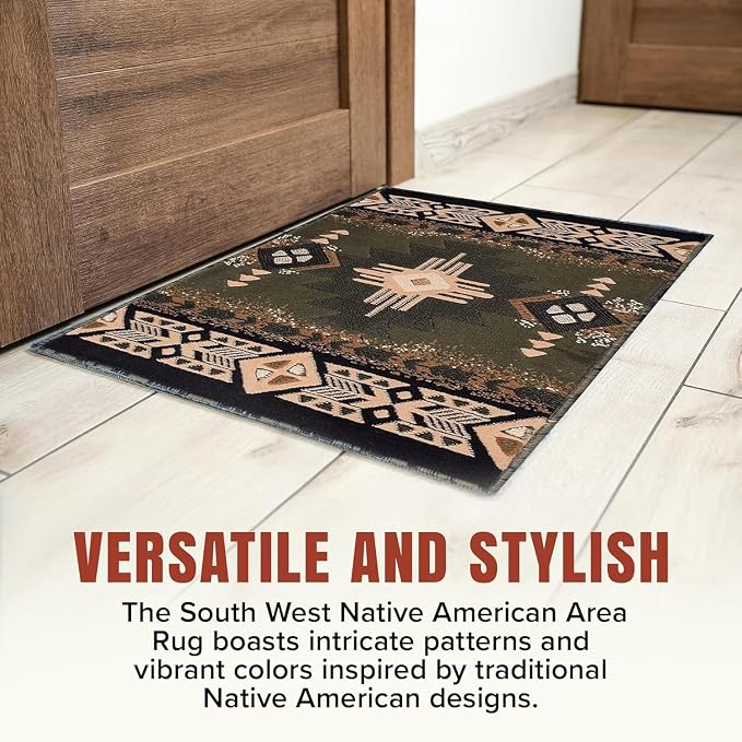 YHSF South West Native American Area Rug C318 - Easy Clean, Thick, Soft, Durable Native Tribal American Indian Inspired Rug for Bedroom/Living Room and More - Sage Green, 5 Feet x 7 Feet