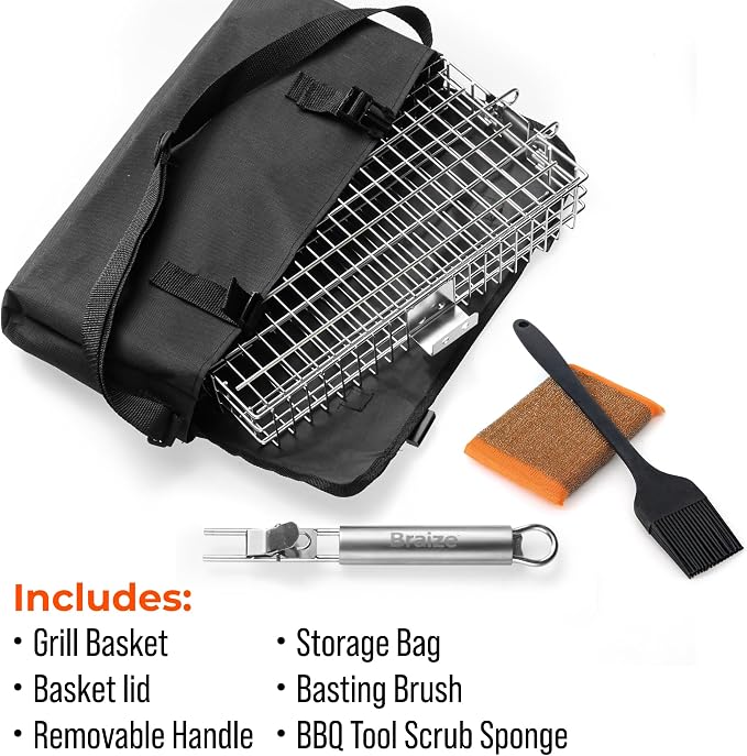 Adjustable Grill Basket with Removable Handle – 4 Height Levels for Vegetables, Meat, Fish & More – Locking Lid - Basting Brush, Scrub Sponge & Storage Bag for Outdoor Cooking