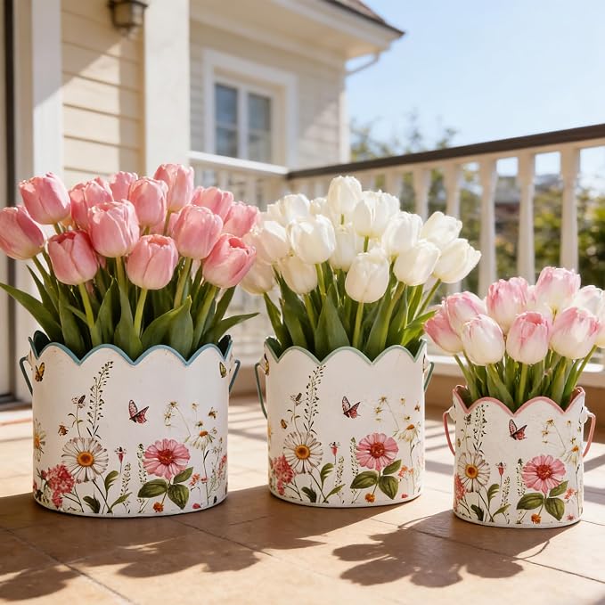 Set of 3 Vintage Floral Metal Planters Rustic Flower Pots with Wooden Handle, Farmhouse Decorative Floral Buckets for Dried Flowers, Faux Plants, Home Garden Decor