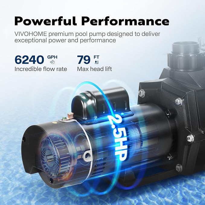 VIVOHOME 2.5HP 230V Pool Pump, Dual Speed with High Lift 79FT, Self-Priming DOE Energy Saving, 1.5" & 2" Connectors w/Strainer Basket for In-Ground Pools