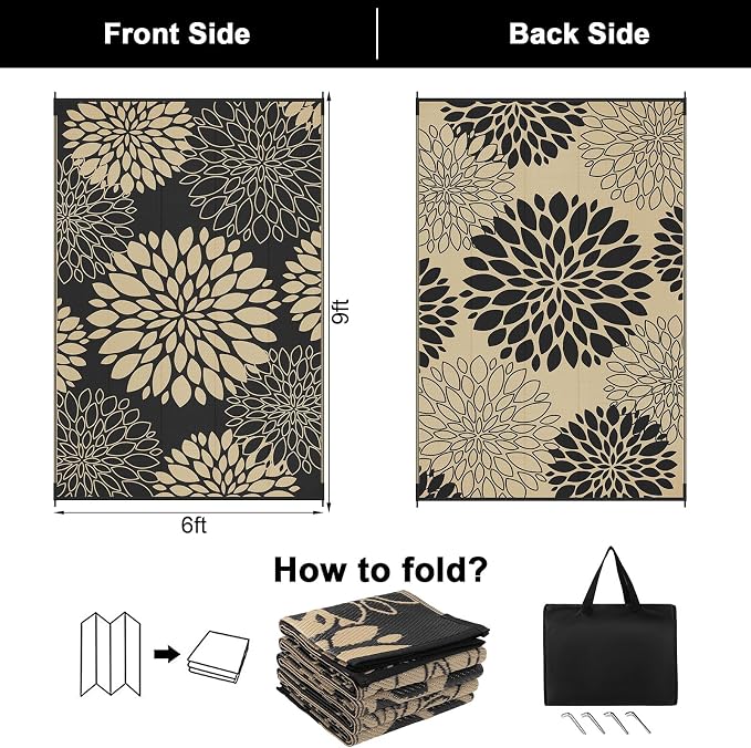Ileading Waterproof Outdoor Rug 6x9, Reversible Plastic Straw Patio Rug, Portable Indoor Outdoor RV Camping Mat Carpet for Deck, Porch, Balcony, Backyard, Picnic, Floral Black