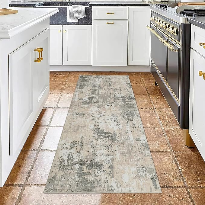 ROYHOME Modern Abstract Runner Rug 2x5 Washable Non Slip Stain Resistant Rug for Bedroom Living Room Non Shedding Low Pile Indoor Floor Cover,Grey Yellow